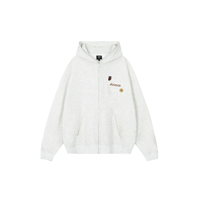 Achock Floral Patch Embroidered Zip Up Hoodie