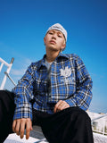 MEDM Blue Pearl Embroidery Plaid Long Sleeve Shirt