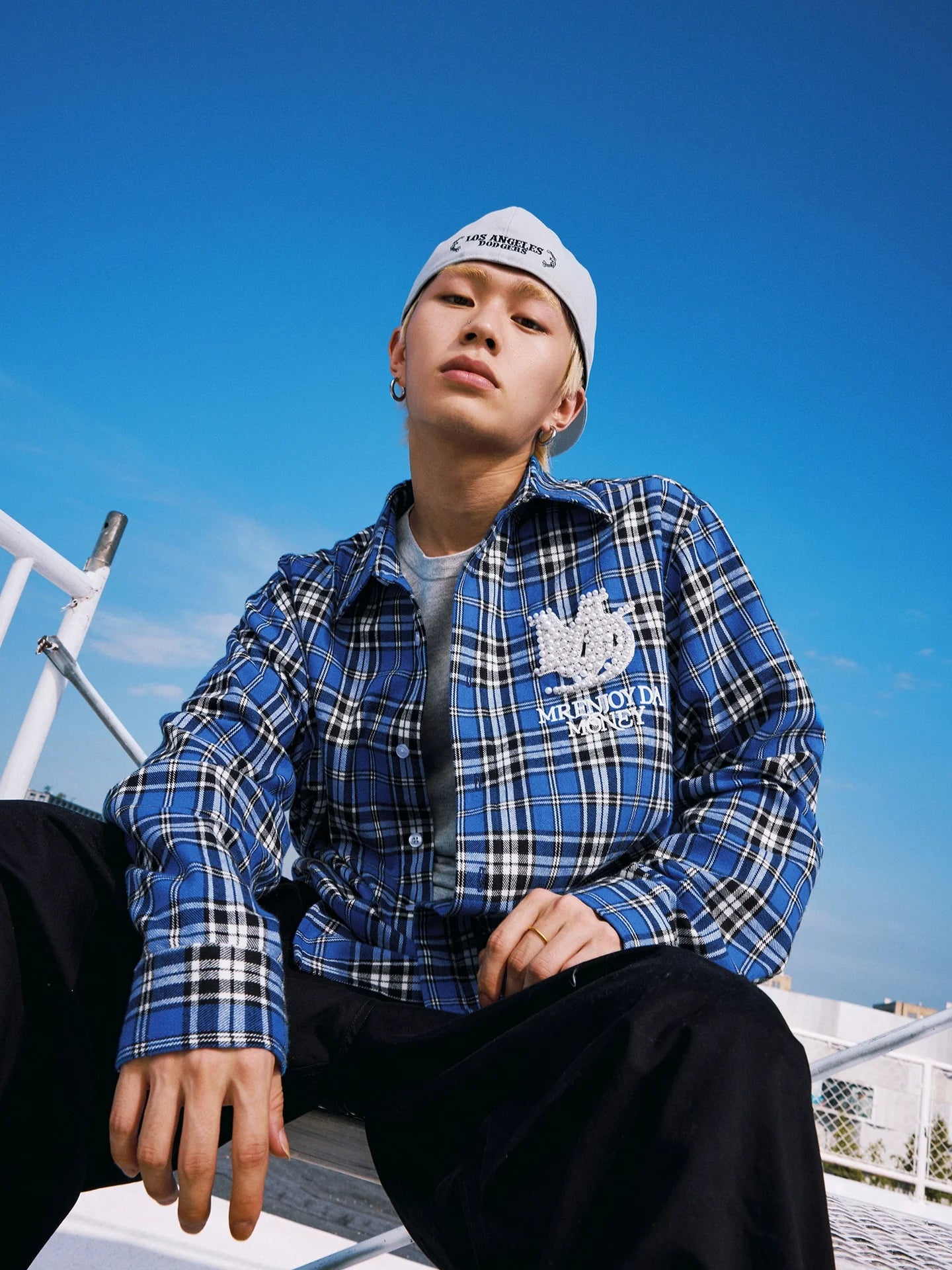 MEDM Blue Pearl Embroidery Plaid Long Sleeve Shirt