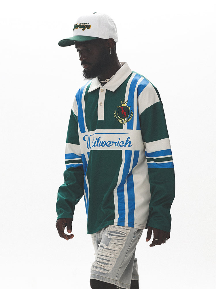UNTILWERICH Color Blocking Striped Long Sleeve Polo Jersey