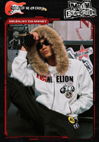 MEDM x EVA NEVER END Character Print Logo Embroidered Fur Hood Zip Up Hoodie