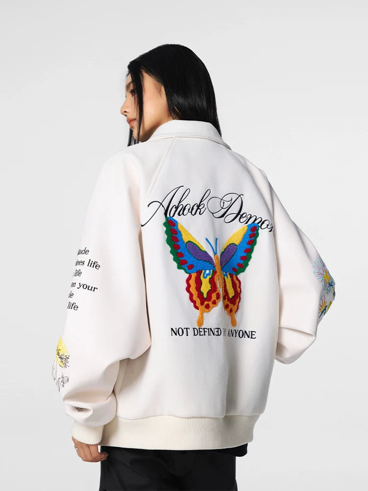 Achock Colorful Butterfly Embroidery Varsity Jacket