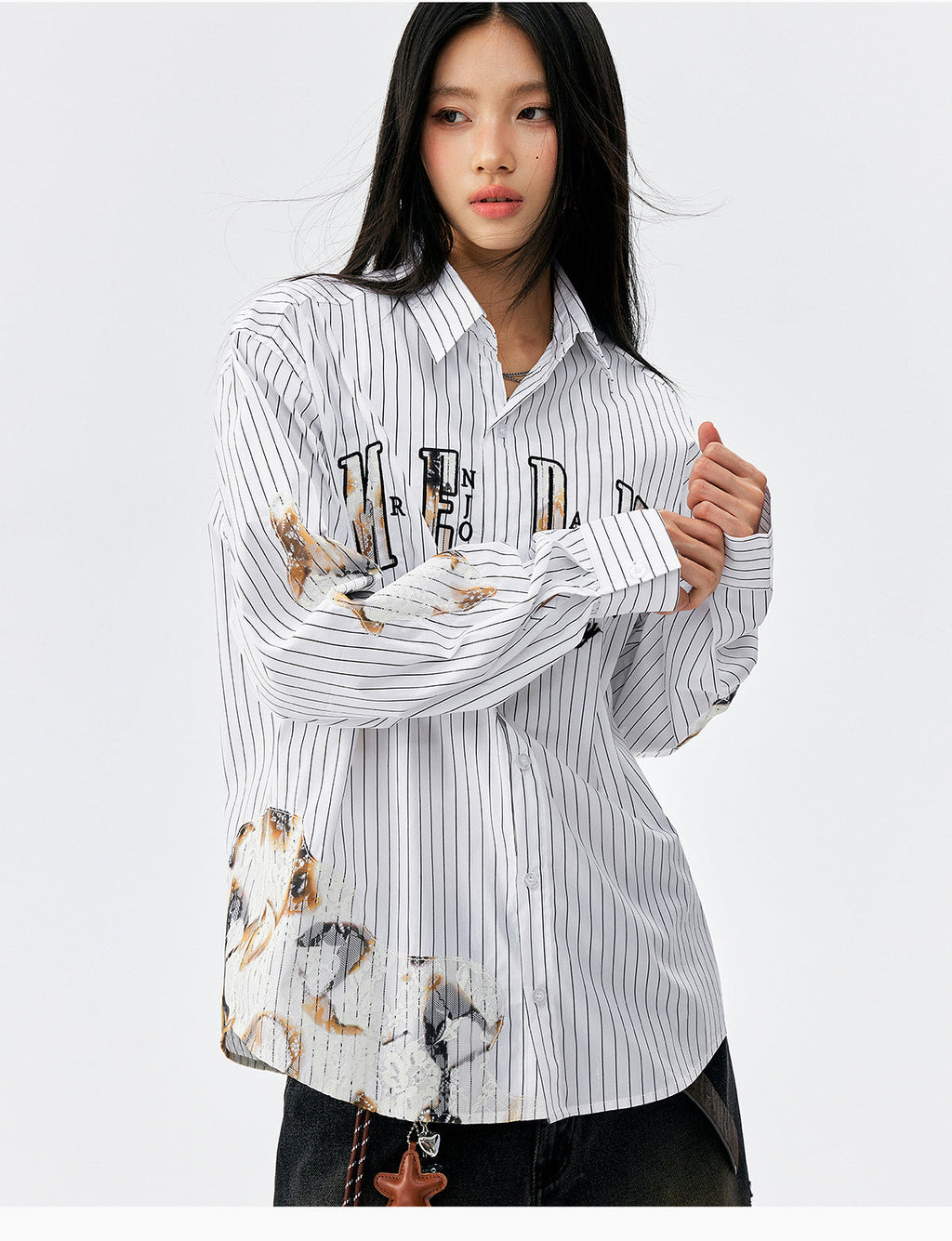MEDM Lace Embroidered Striped Long Sleeve Shirt