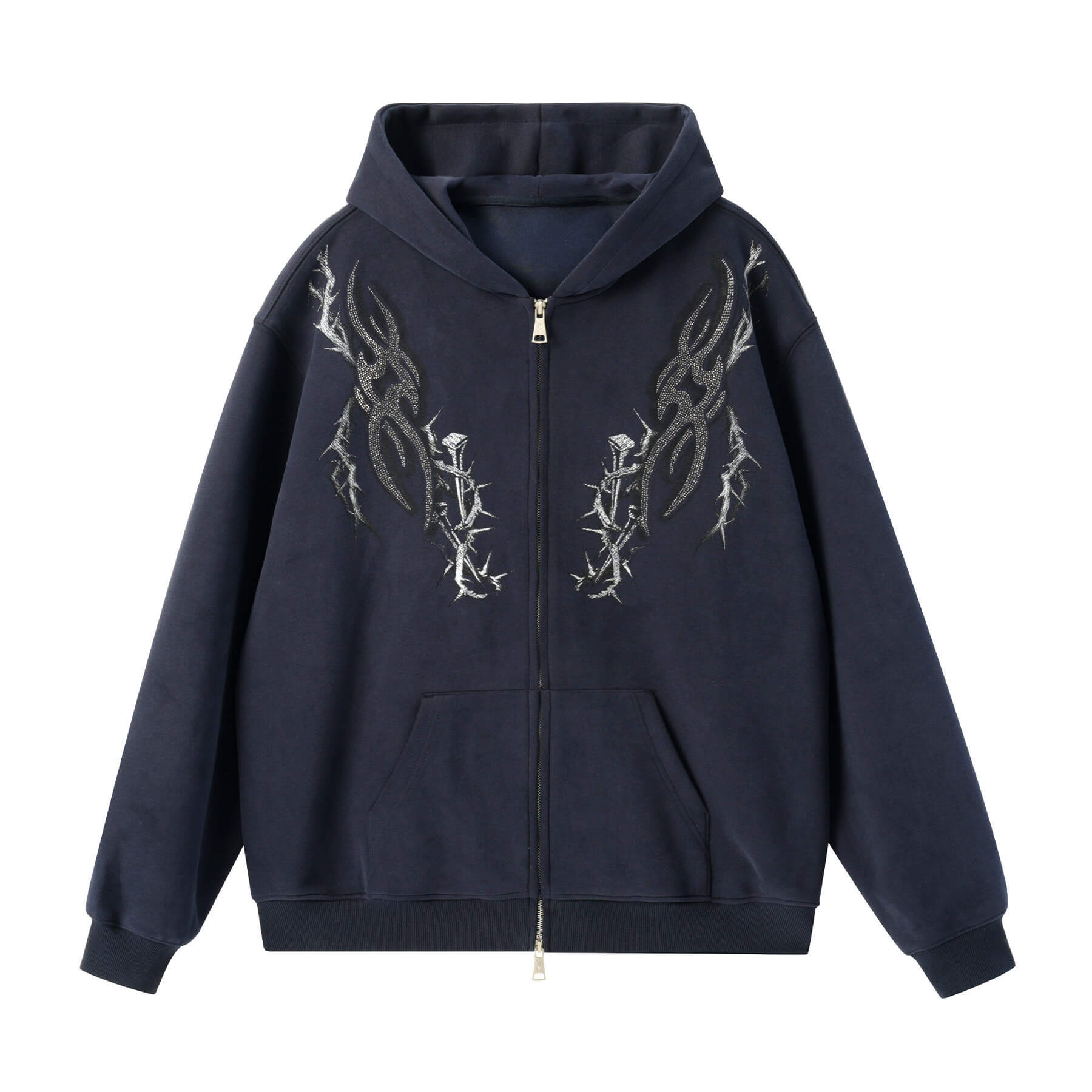 JHYQ Rhinestone Thorn Print Double Zipper Hoodie