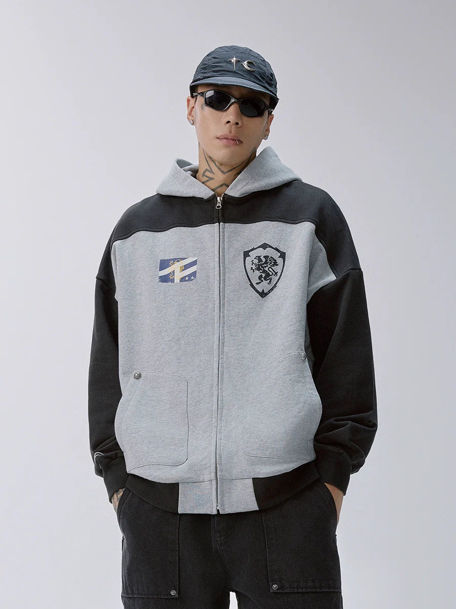 F2CE Color Block Vintage Print Zip Up Hoodie