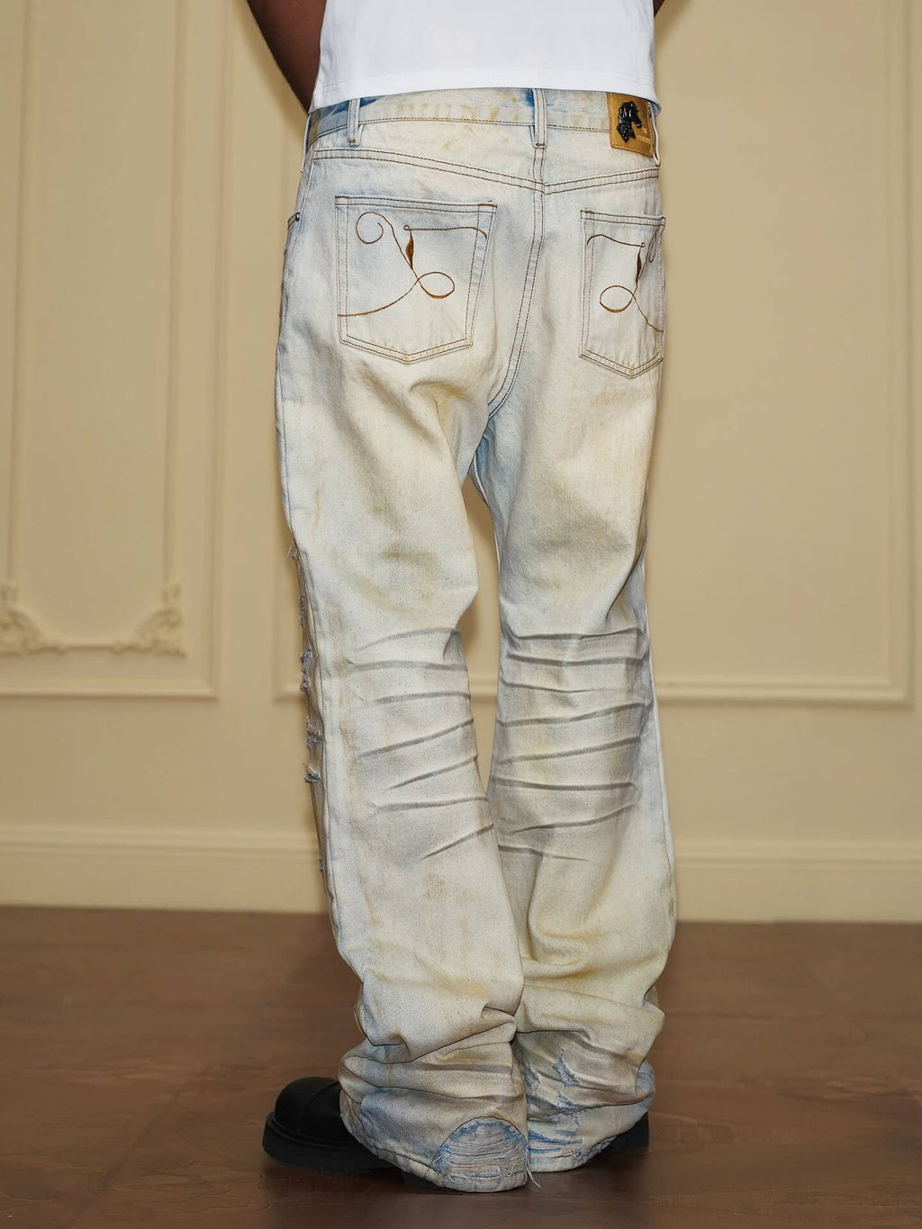 YADcrew Heavy Wash Distressed Cross Motif Button Jeans