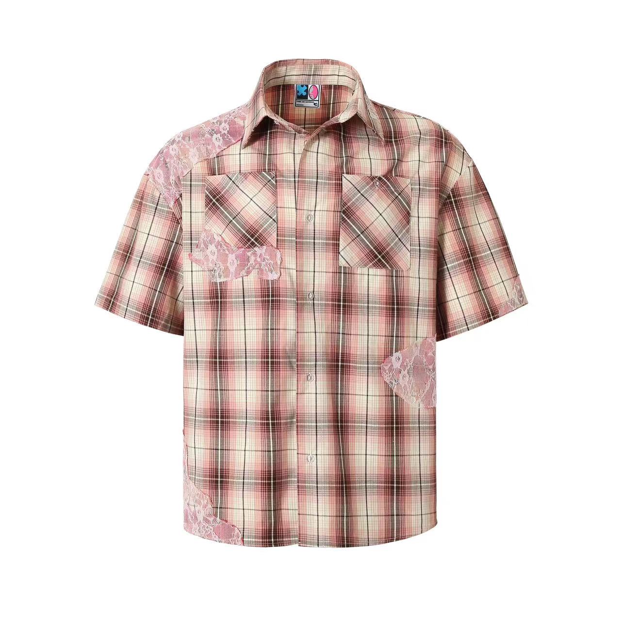 YADcrew Evening Lace Splicing Pink Plaid Short Sleeve Shirt