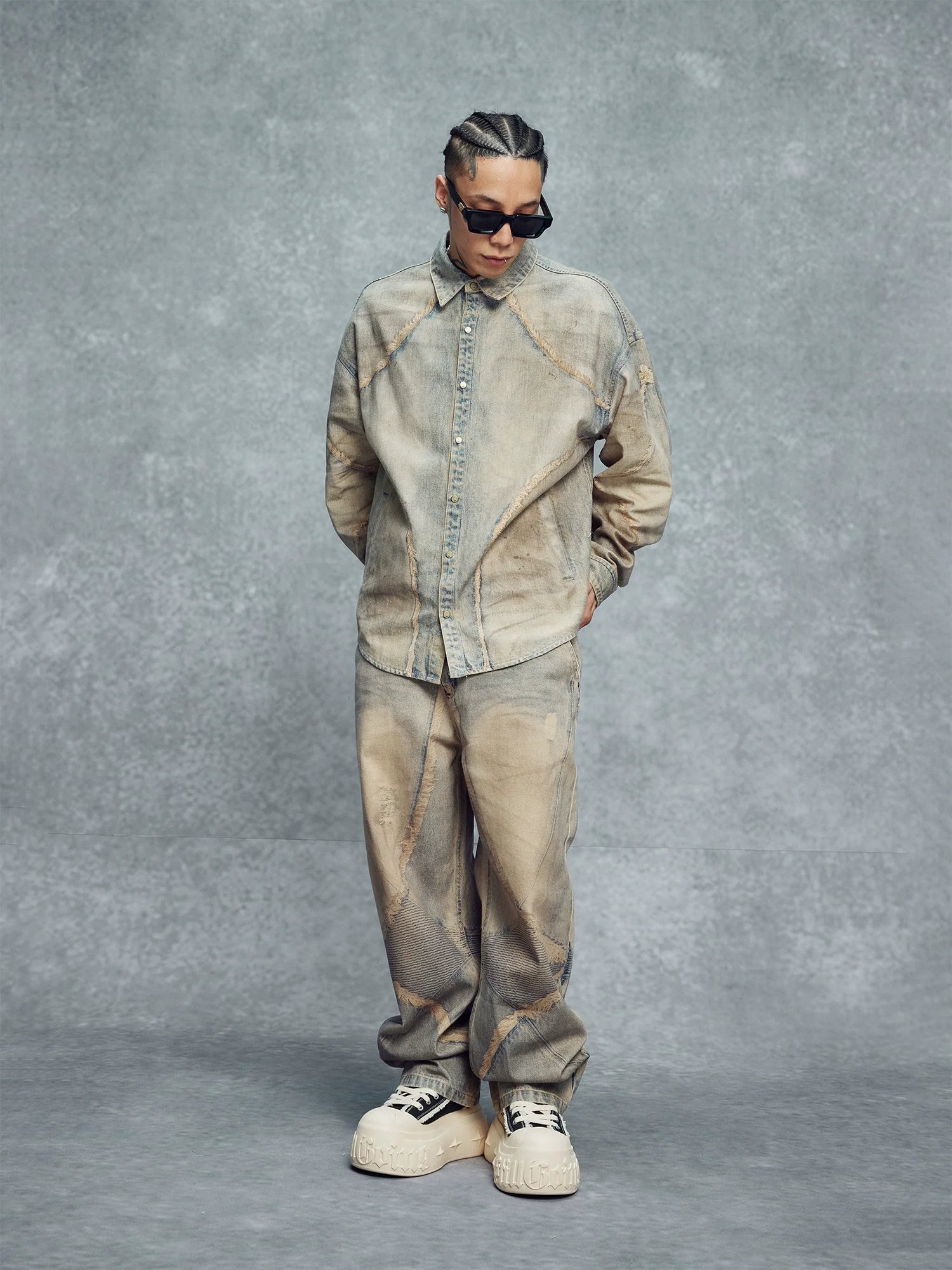 1807 Rust Aged Digital Print Denim Long Sleeve Shirt