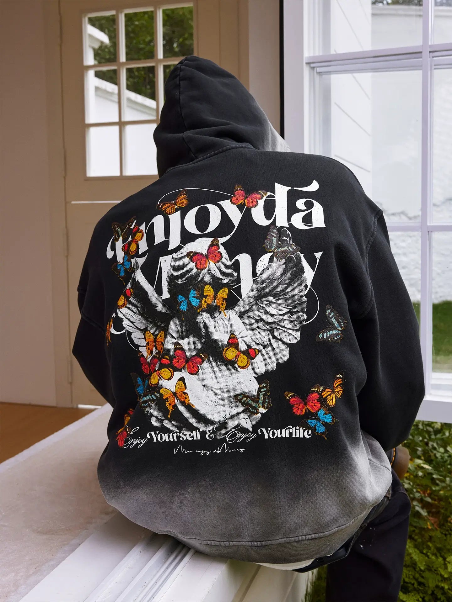 MEDM Washed Angel Butterfly Print Zip Up Hoodie