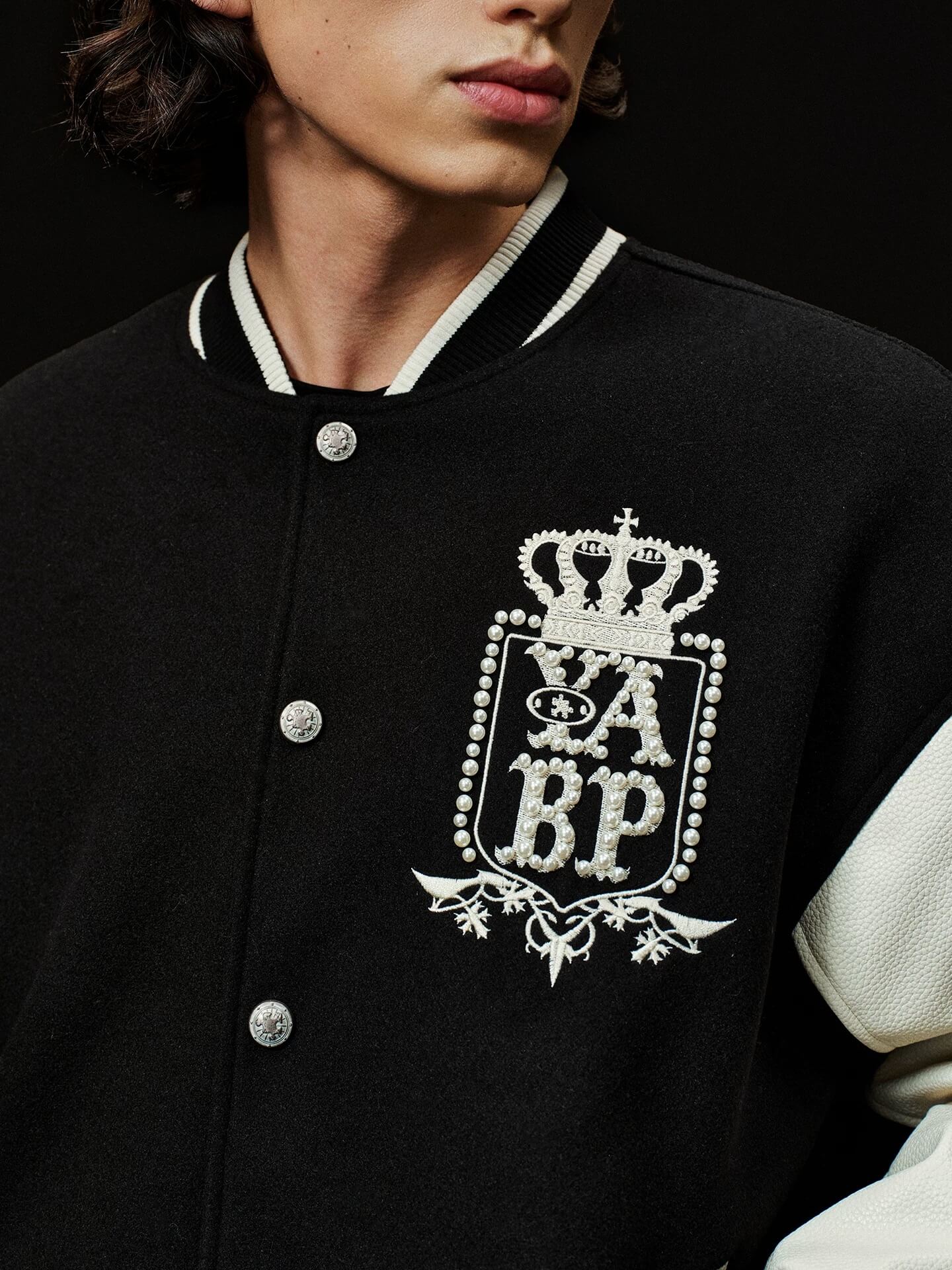 YADcrew x BIPOLAR Embroidered Pearl Beaded Varsity Jacket