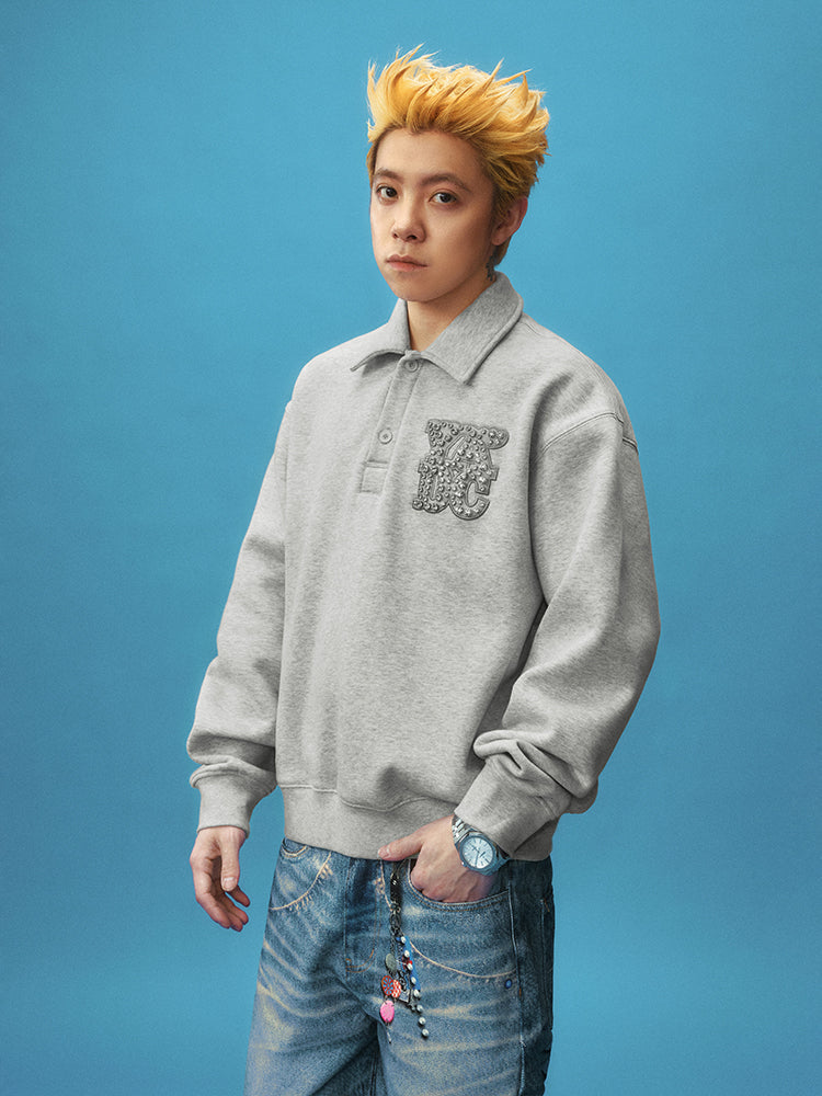 YADcrew Diamond-Studded Leather Logo Polo Sweatshirt