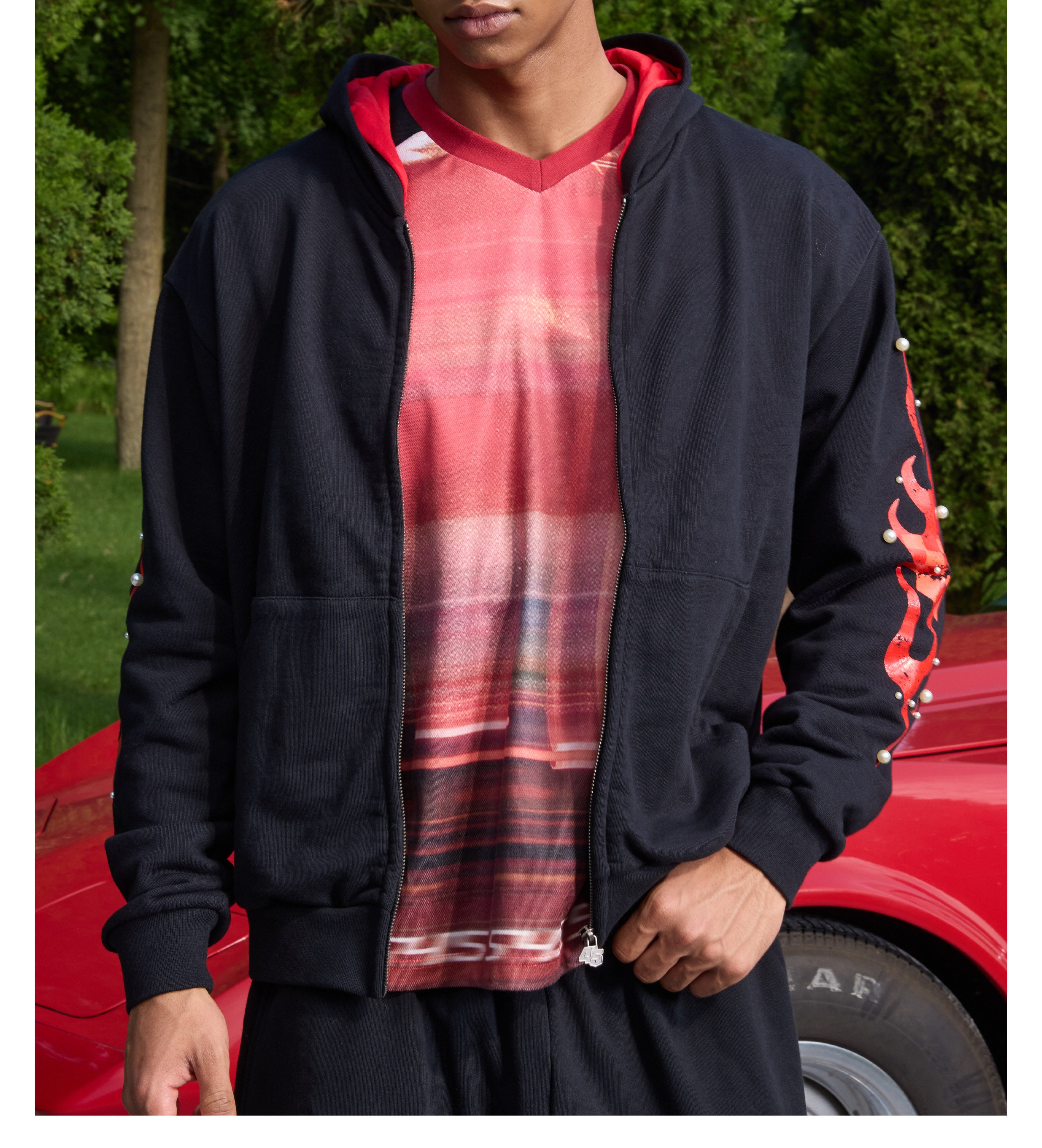 S45 Flame Print Zip Up Hoodie