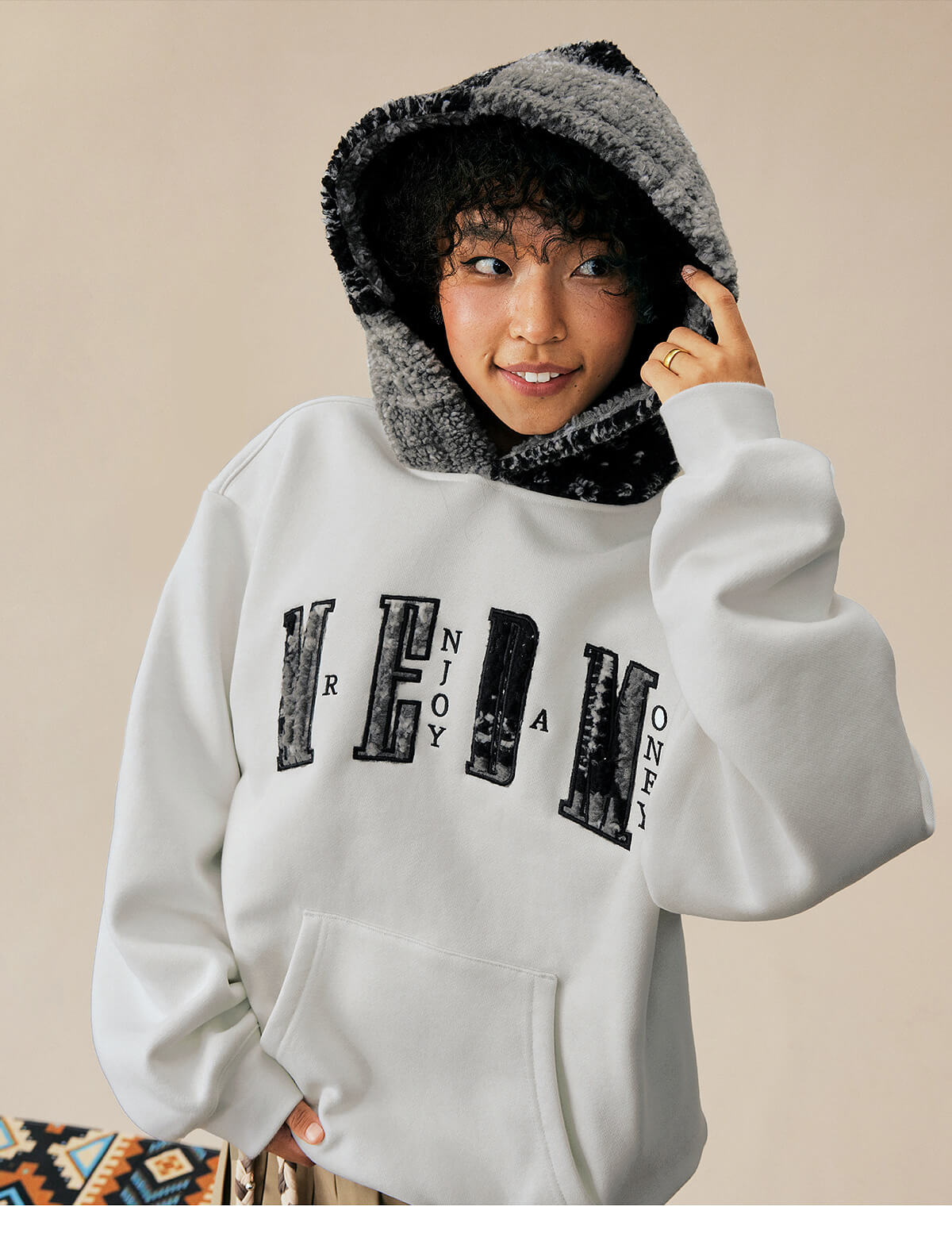 MEDM Patterned Sherpa Hood Patchwork Hoodie