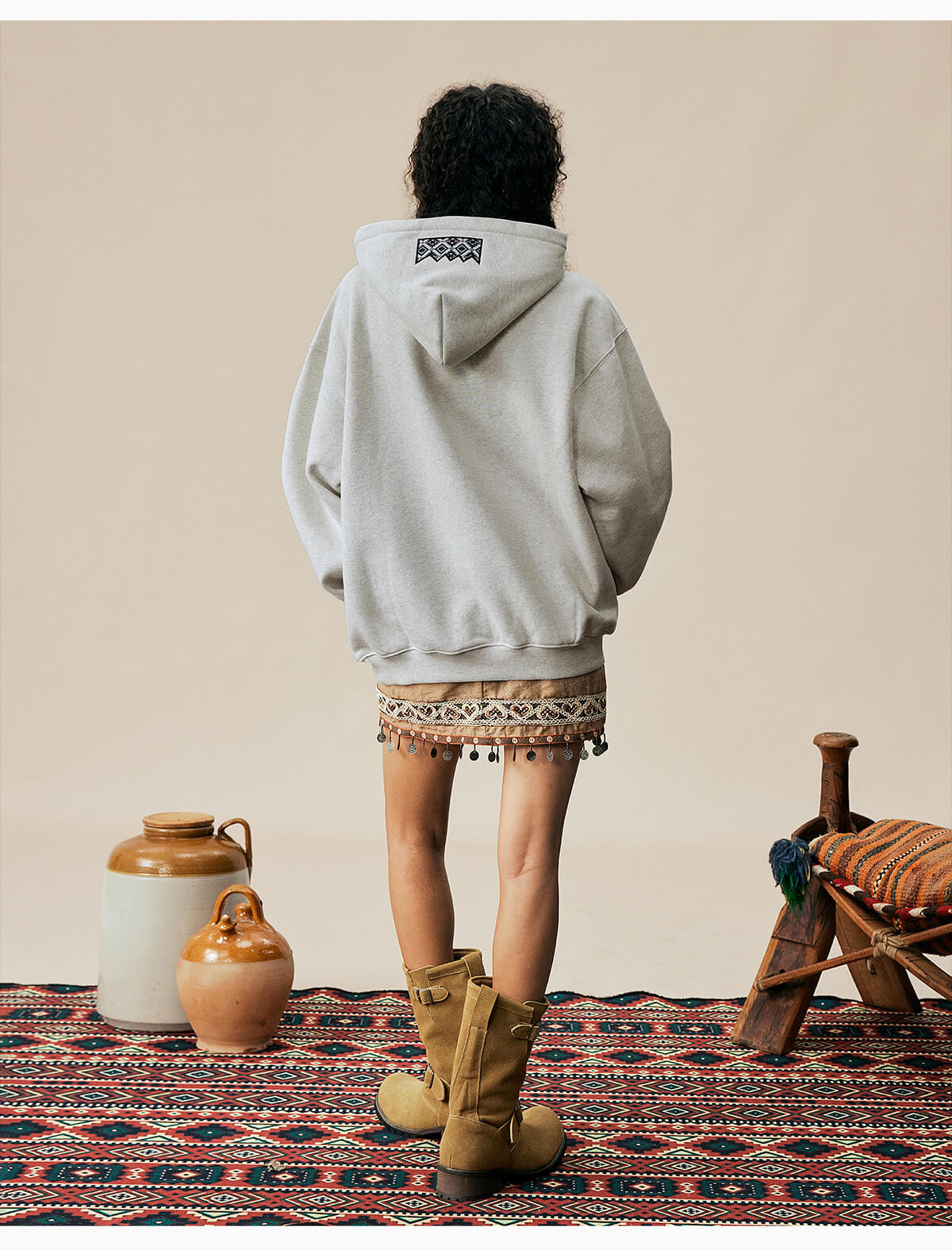 MEDM Ethnic Embroidered Patch Pearl Oversized Hoodie
