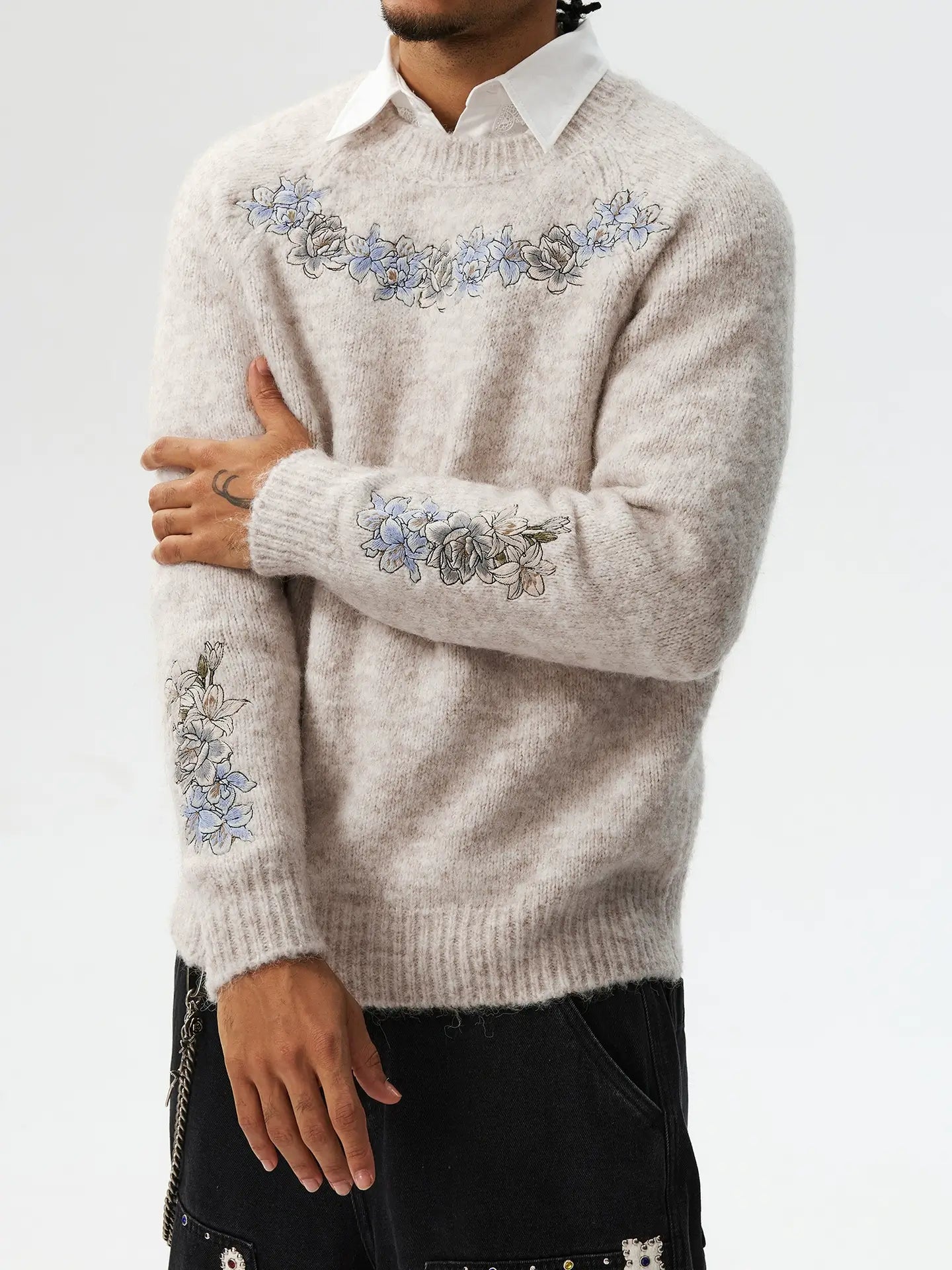 MEDM Floral Embroidered Mohair Knit Sweater