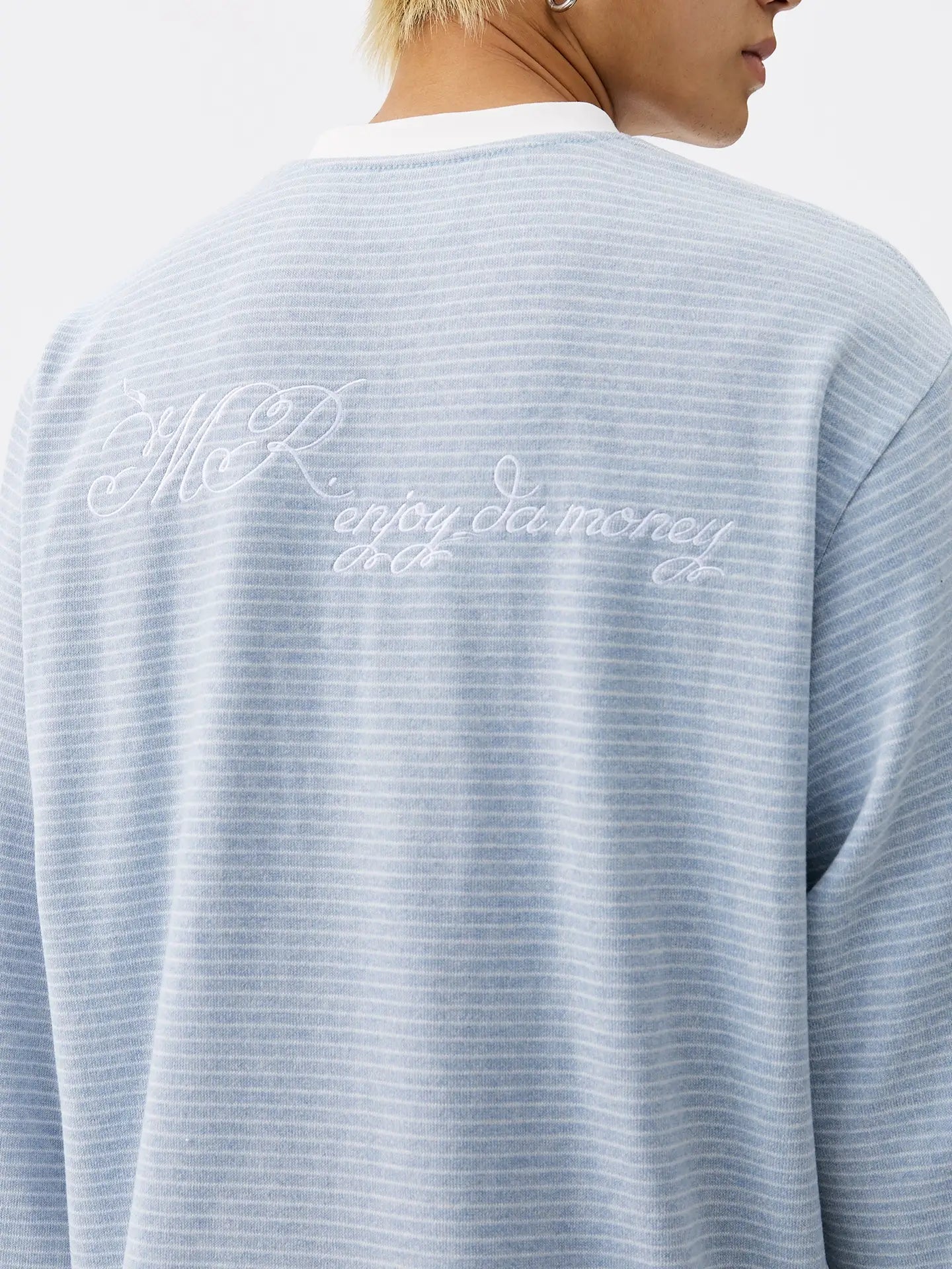 MEDM Rose Embroidered Striped Henley Long Sleeve Tee