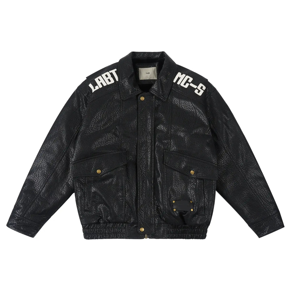 Labt Elephant Grain PU Leather Embroidered Patch Jacket