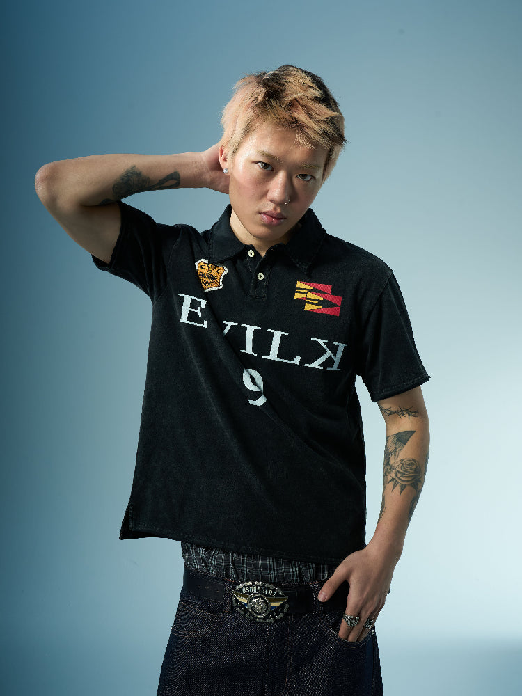 EVILKNIGHT(EK) Embroidered and Logo Printed Washed Polo