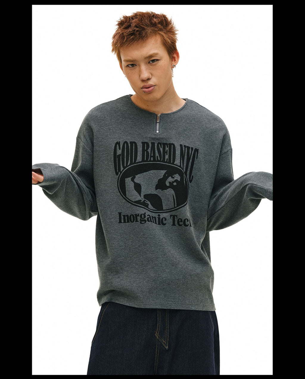 NOVACAM Waffle Vintage Print Zip Long Sleeve Tee