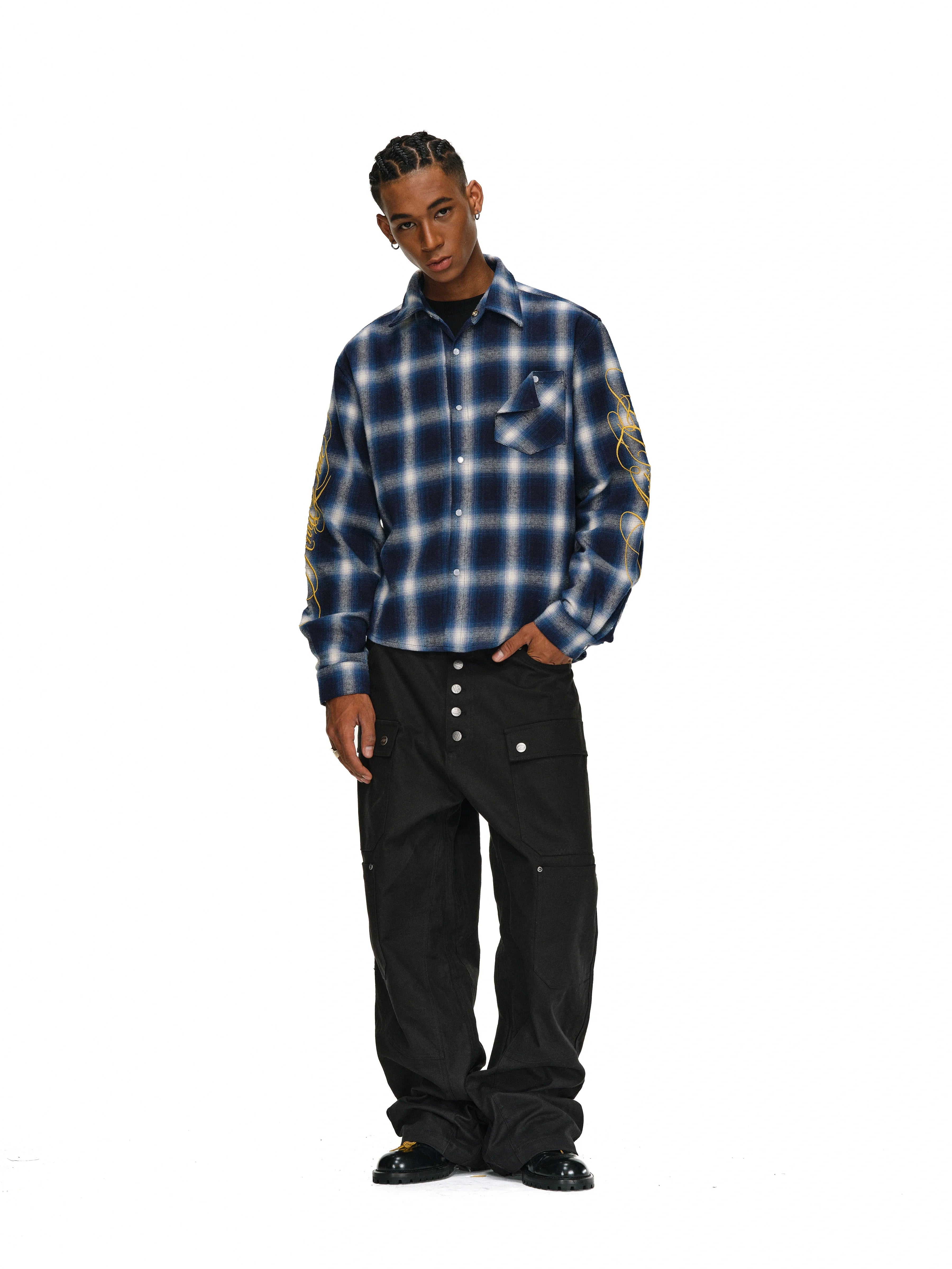 ANTIDOTE Embroidered Flannel Plaid Long Sleeve Shirt