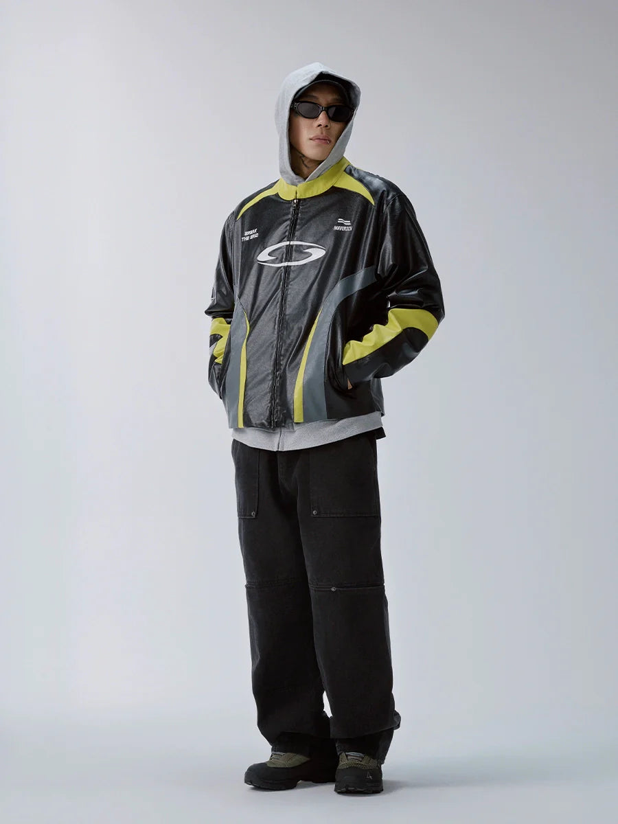 F2CE Color Block PU Leather Racing Jacket