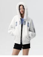MEDM Animal Logo Patch Fur Hooded Bomber Jacket