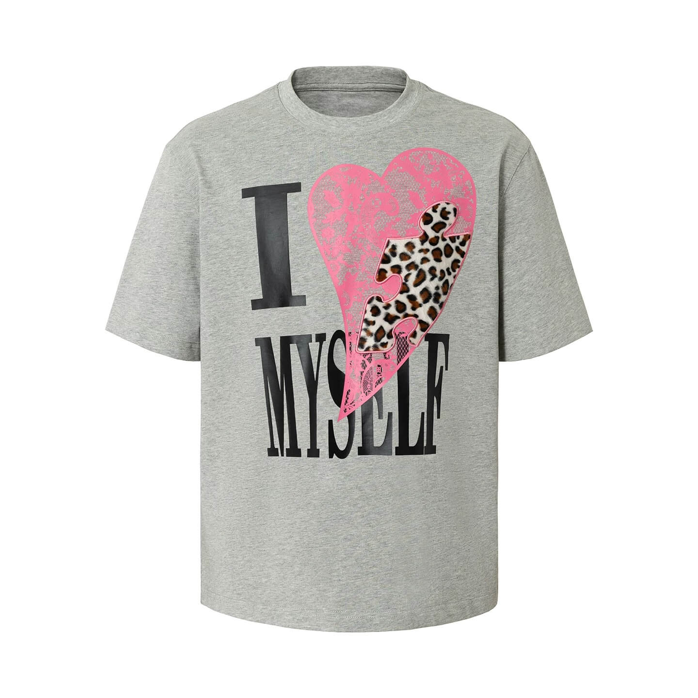 YADcrew Heart Puzzle Patchwork Lace Leopard Tee