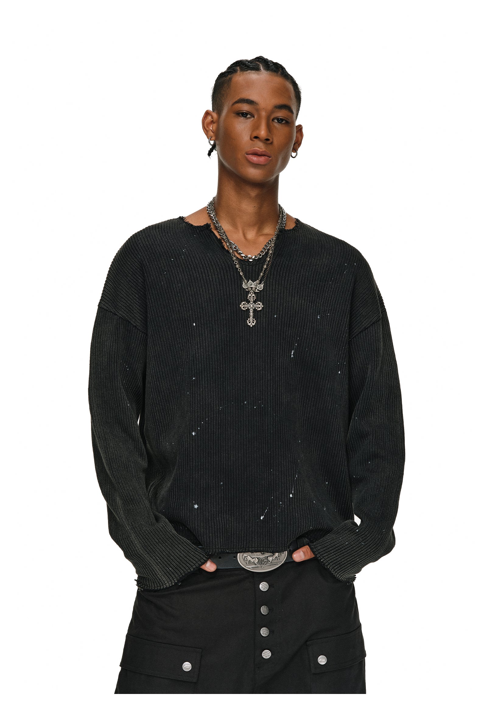 ANTIDOTE Striped Texture Washed Ink Splash Knit Sweater