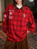 Harsh and Cruel Brushed Tartan Badge Embroidered Long Sleeve Polo