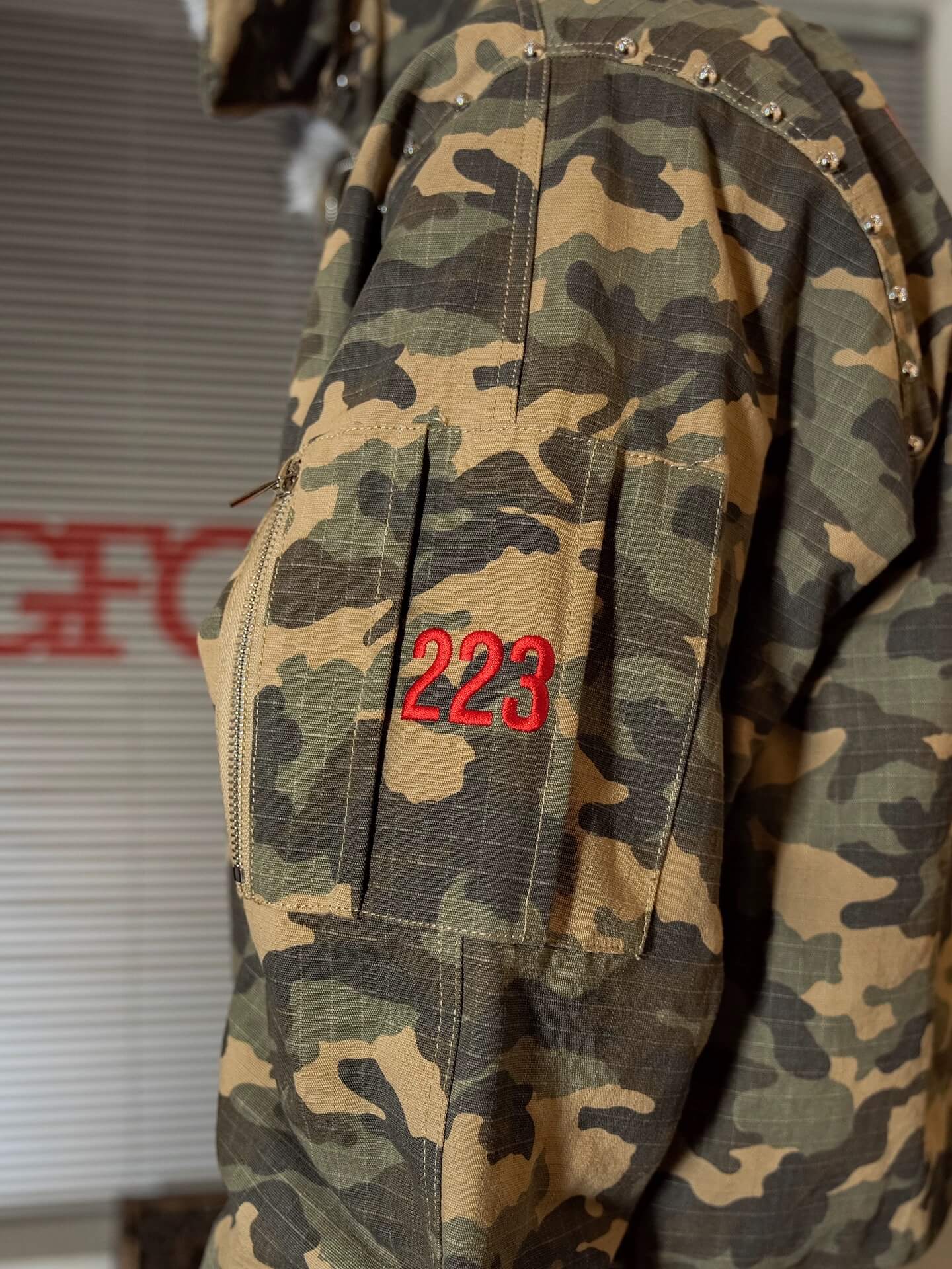 TGFCLUB Washed Camo Studded Faux Fur Hooded Jacket