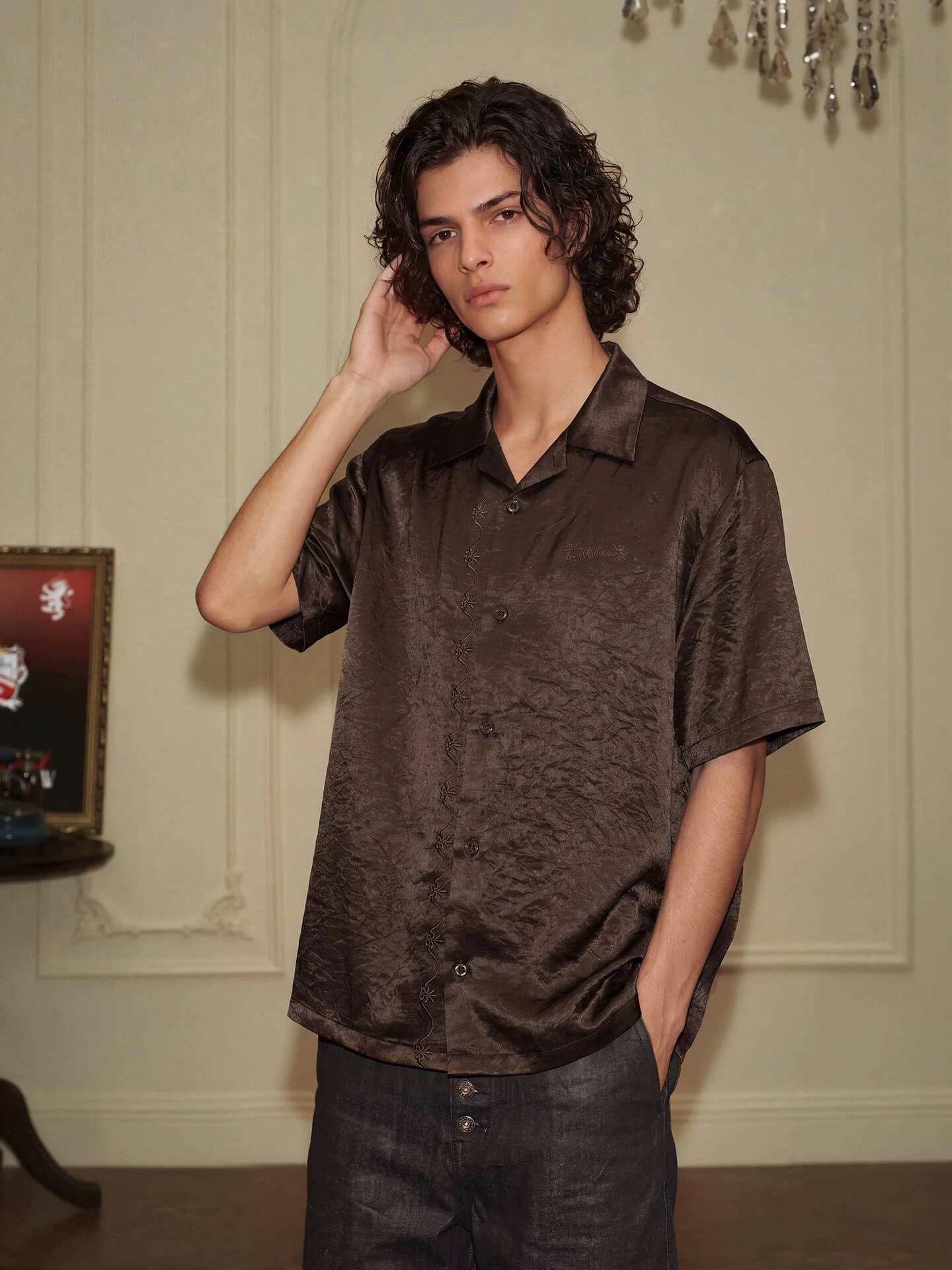 YADcrew Satin Embroidered Cuban Collar Short Sleeve Shirt