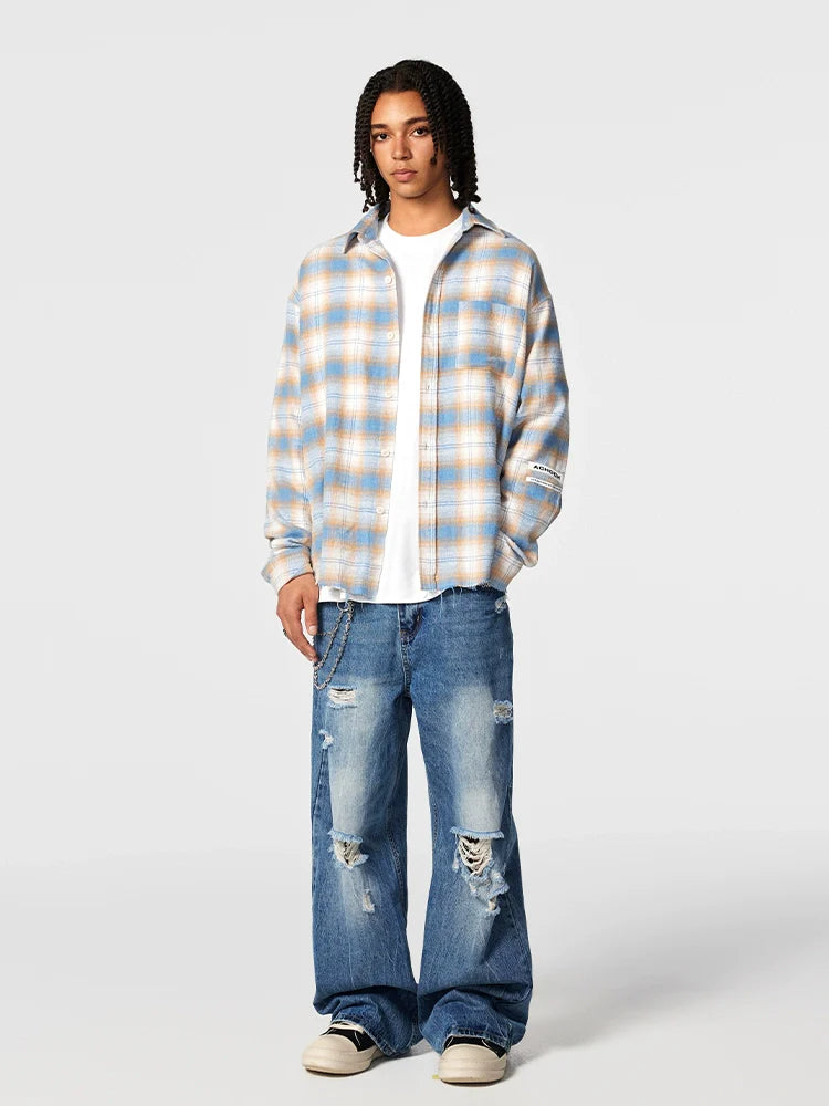 Achock Plaid Raw Hem Long Sleeved Shirt
