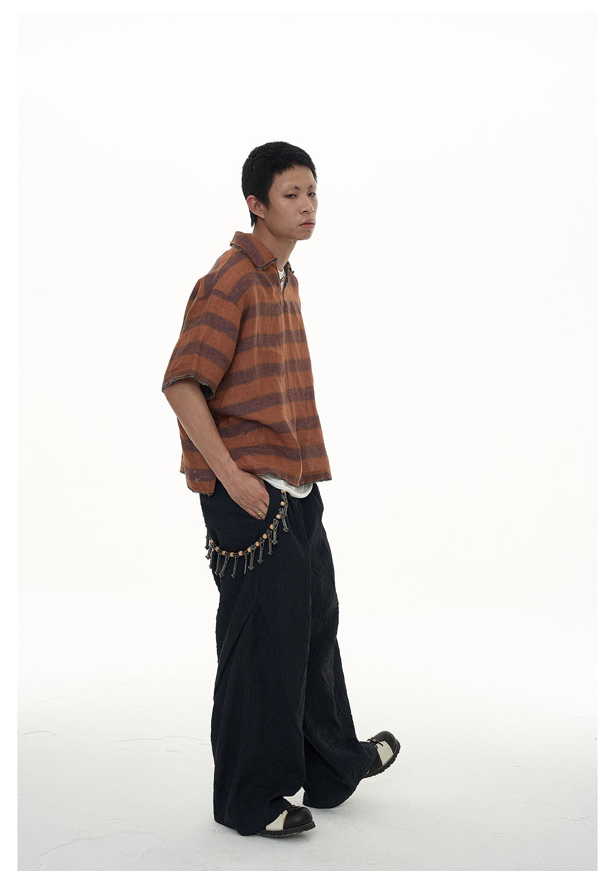 EVILKNIGHT(EK) Striped Plaid Tie-Dye Linen Polo Shirt
