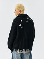 MEDM Frayed Hem Floral Embroidered Knit Cardigan