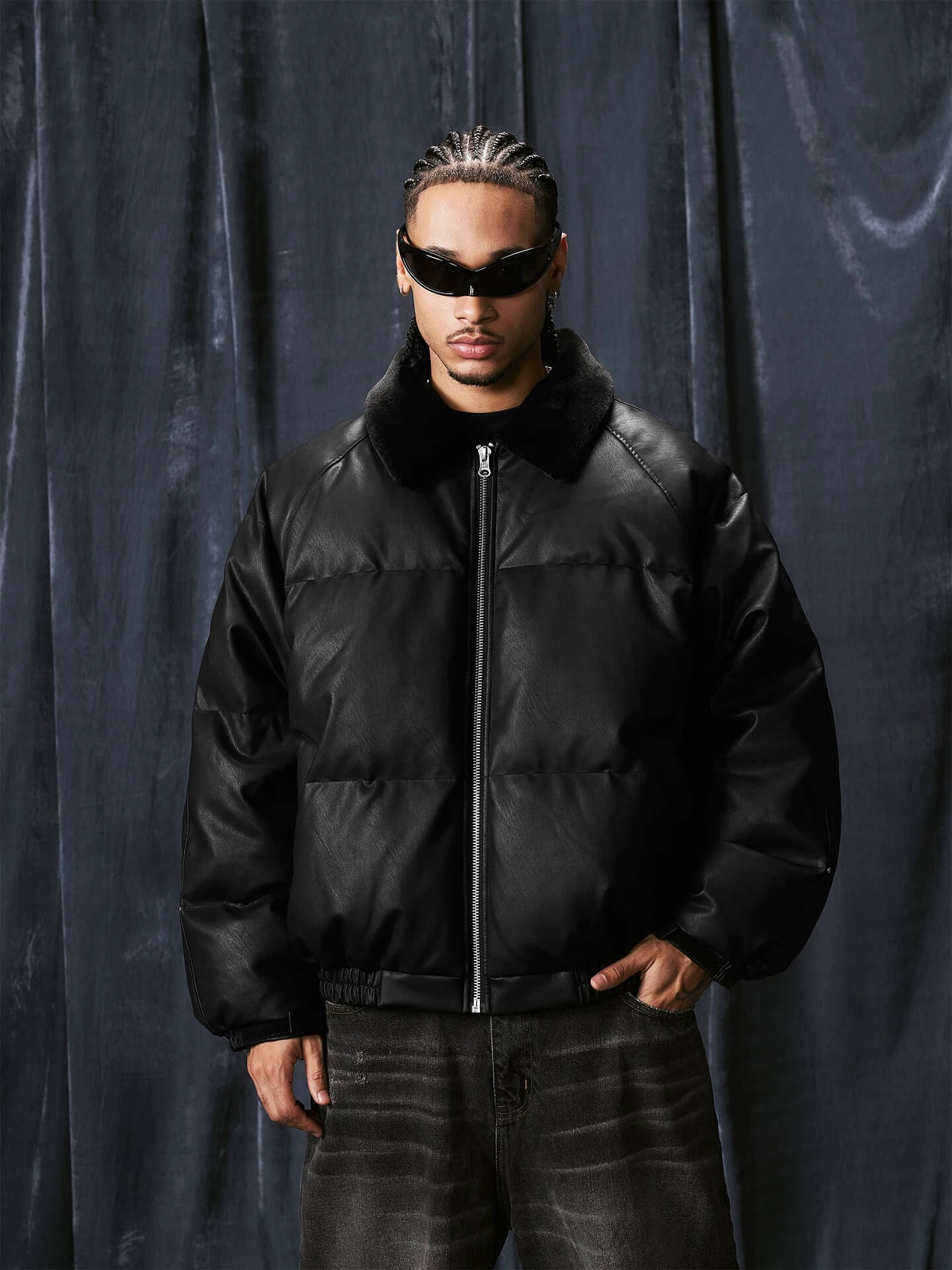 1807 Fur Collar PU Leather Down Jacket