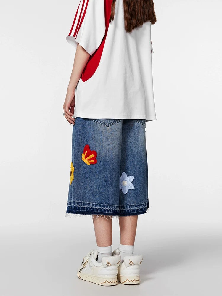 Achock Creative Letter Petal Embroidery Denim Shorts