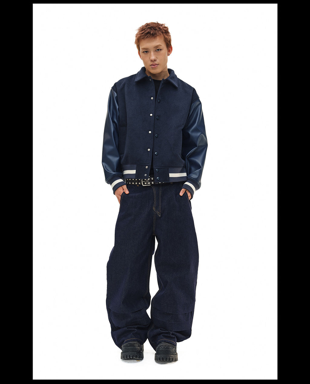 NOVACAM Navy Blue Short Basic Varsity Jacket