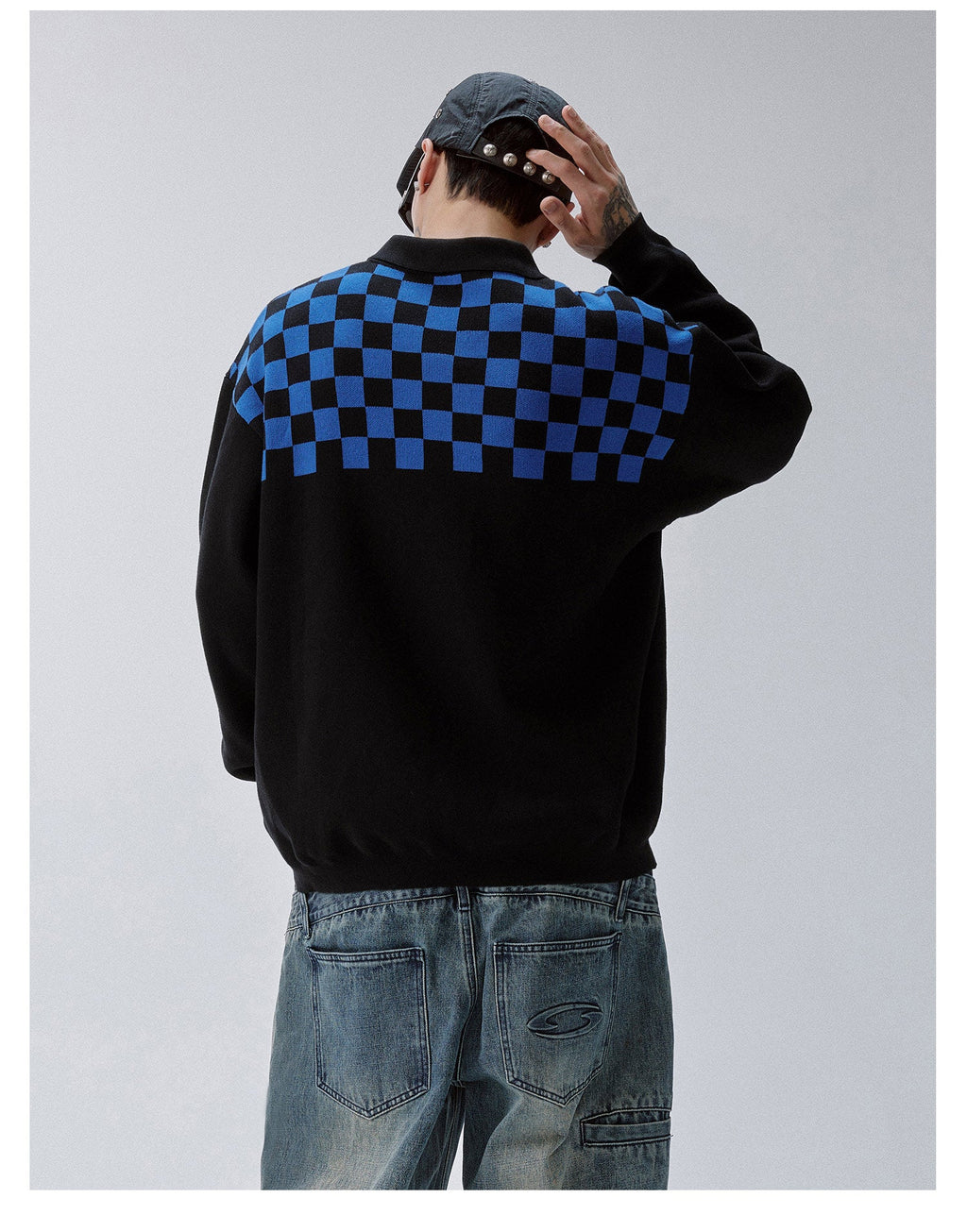 F2CE Checkerboard Pattern Polo Knit Sweater