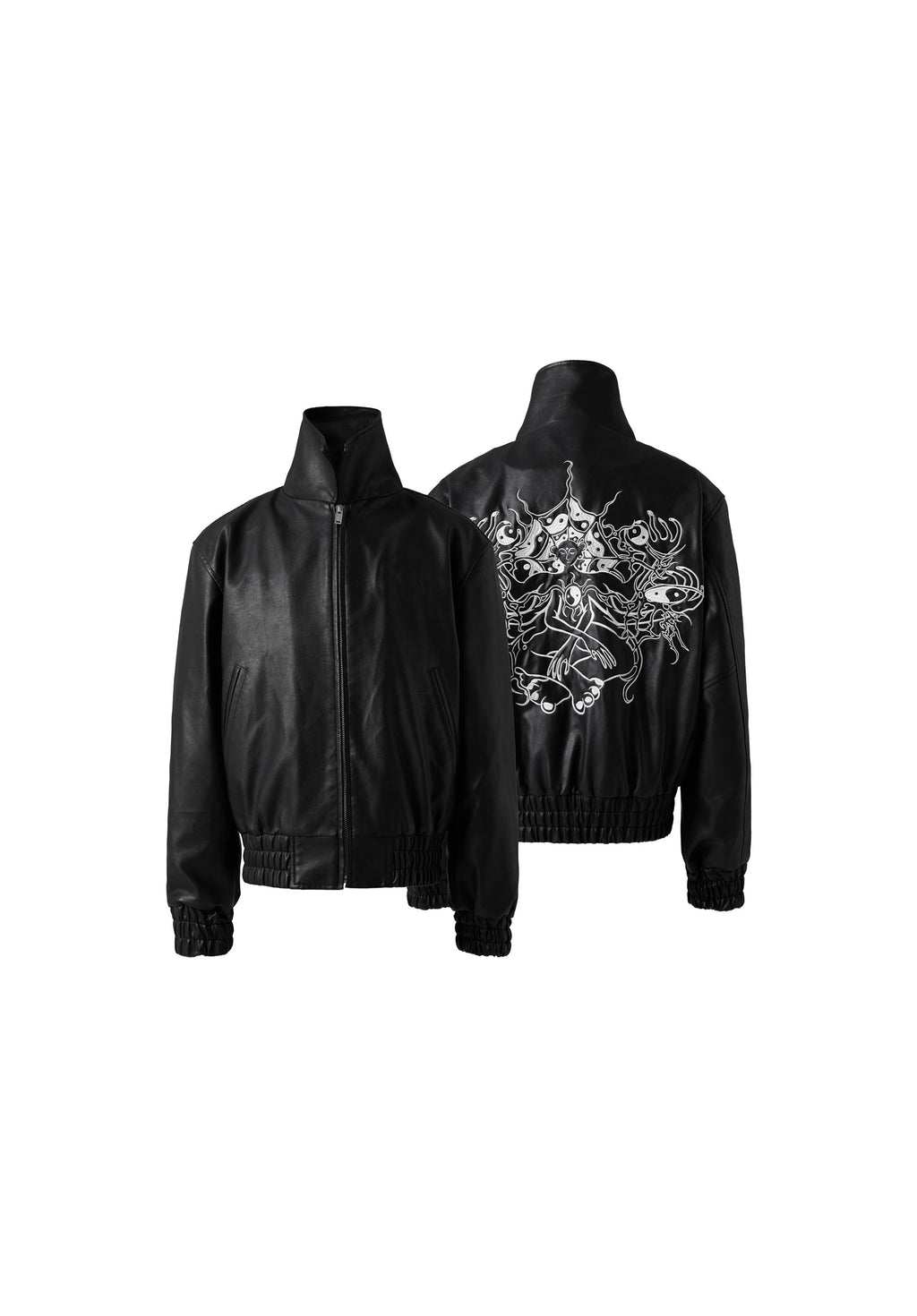KARMANISTIC Graphic Embroidered Leather Short Bomber Jacket