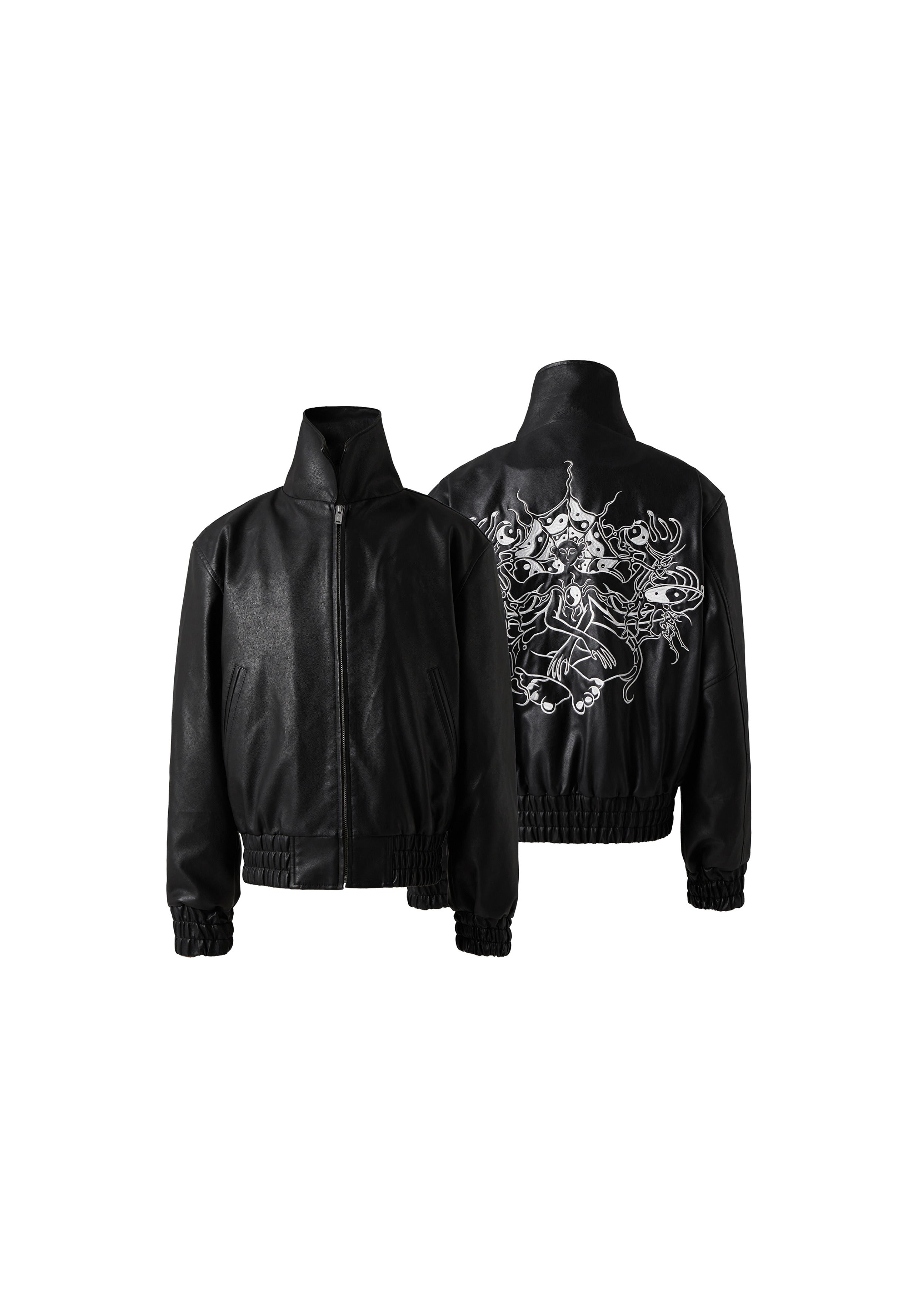 KARMANISTIC Graphic Embroidered Leather Short Bomber Jacket