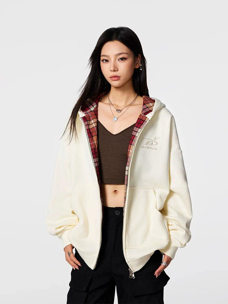 Achock Logo Embroidery Plaid Lining Zip Up Hoodie