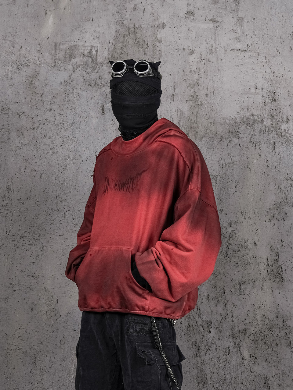 UNDERWATER Ashes Red Dirty Dye Old Deconstructed Destruction Hoodie