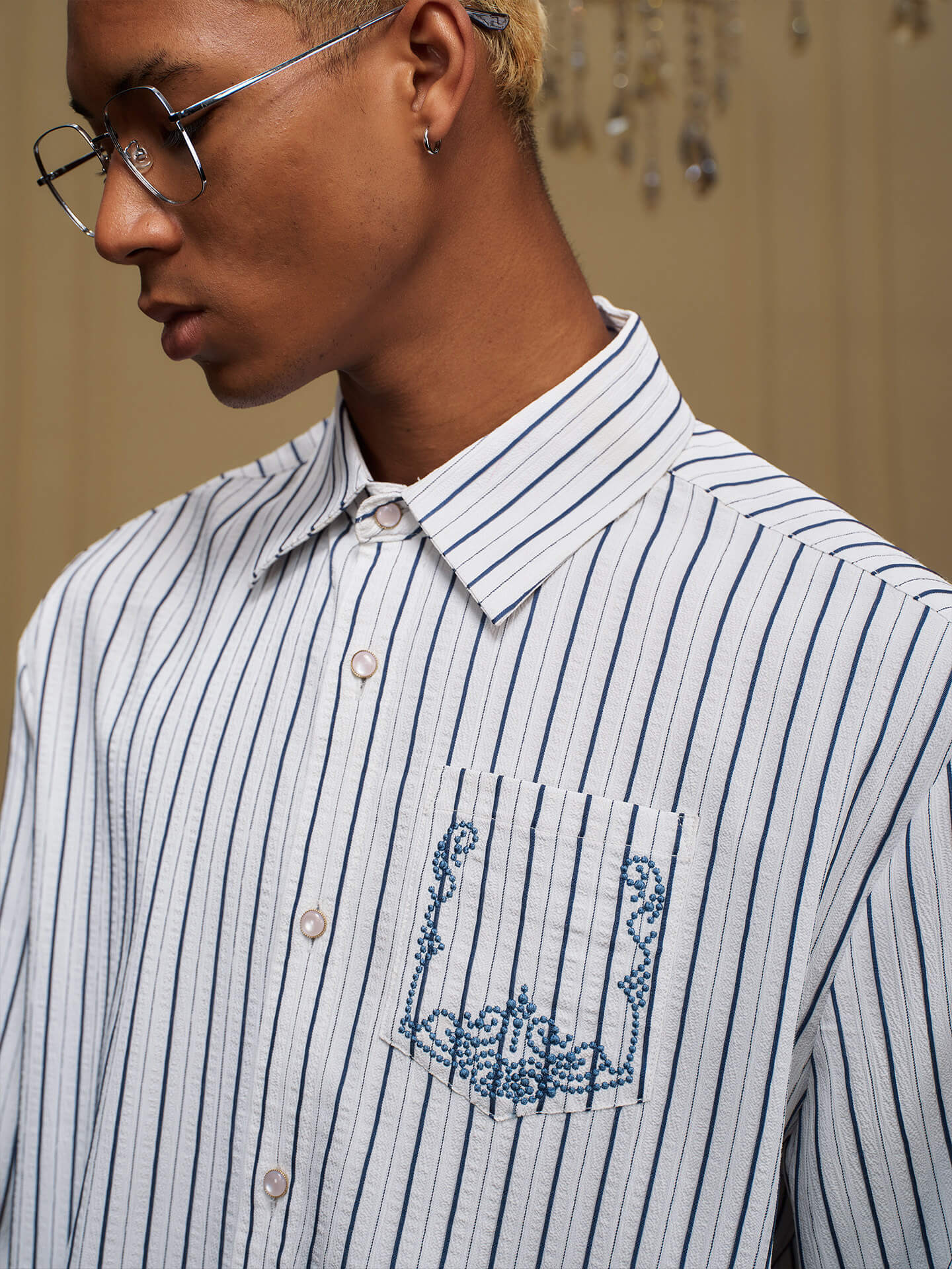 YADcrew Baroque Embroidered Striped Long Sleeve Shirt