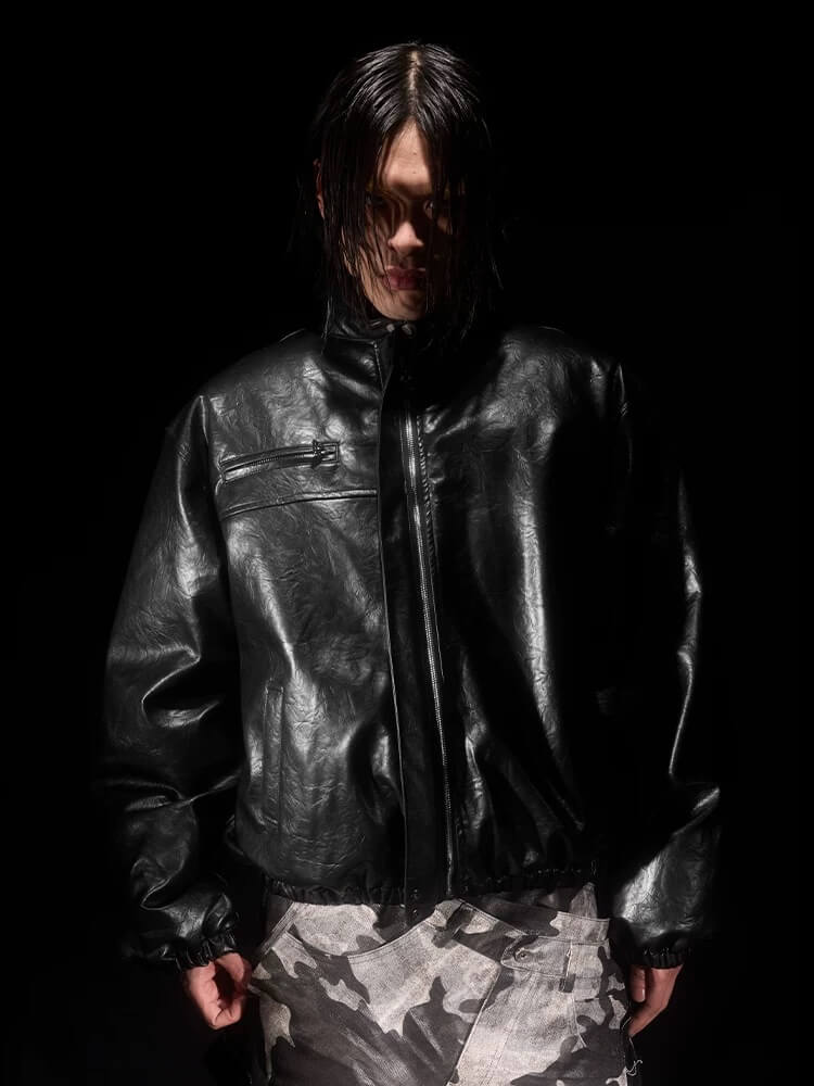 Night Lab Military 5 Painted PU Leather Puffer Bomber Jacket