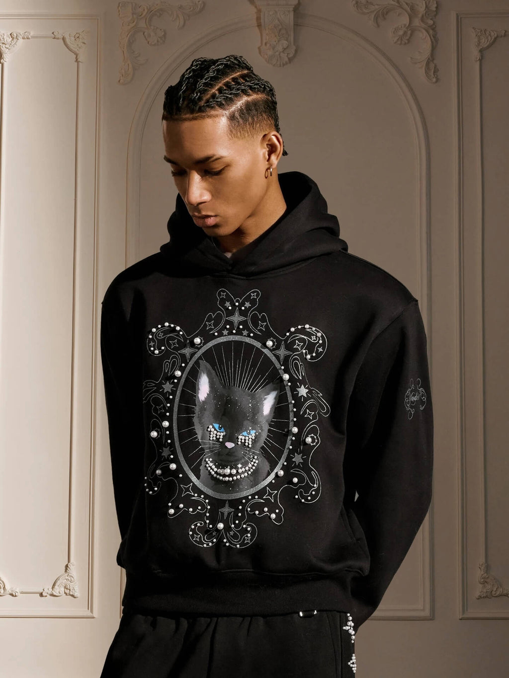 YADcrew Black Cat Print Pearl Hoodie