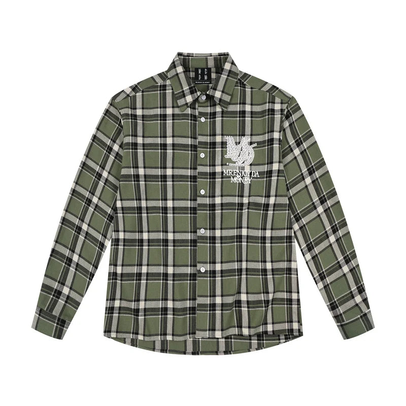 MEDM Green Pearl Embroidery Plaid Long Sleeve Shirt
