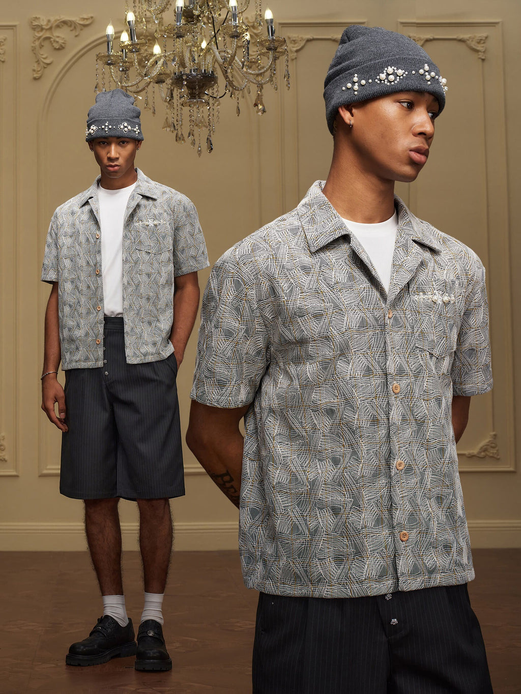 YADcrew 3D Stitch Plaid Short Sleeve Shirt