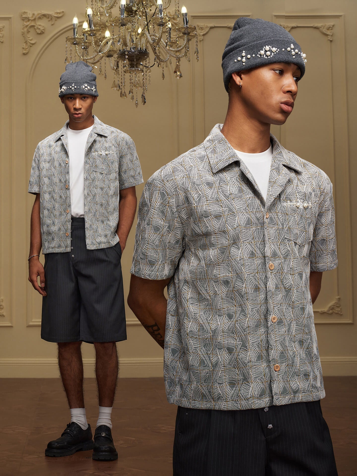 YADcrew 3D Stitch Plaid Short Sleeve Shirt