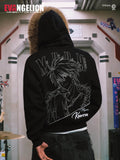 MEDM x EVA NEVER END Character Print Logo Embroidered Fur Hood Zip Up Hoodie
