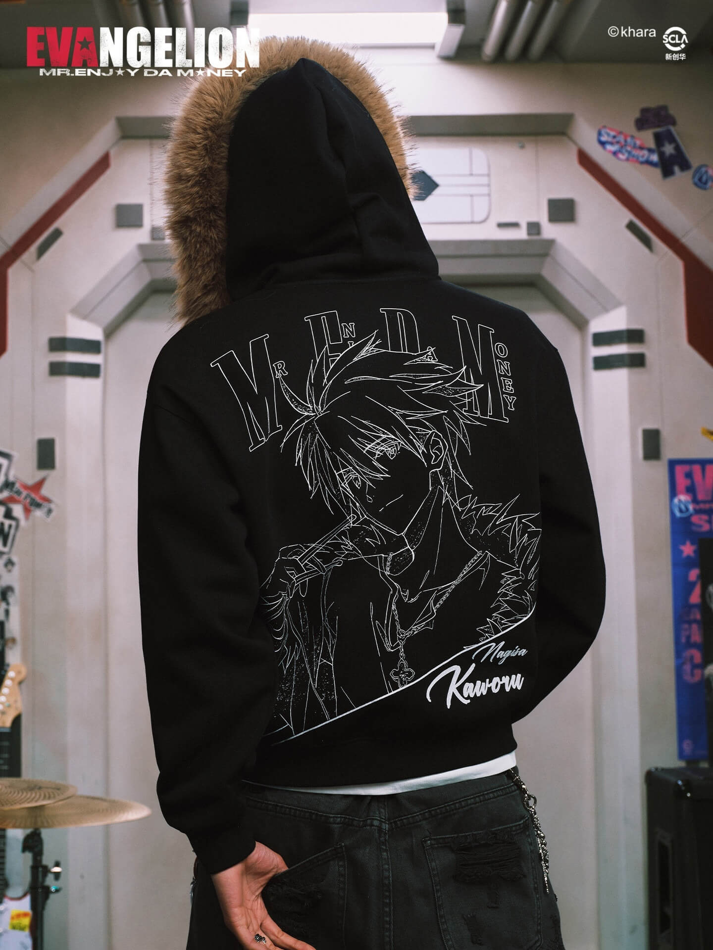MEDM x EVA NEVER END Character Print Logo Embroidered Fur Hood Zip Up Hoodie